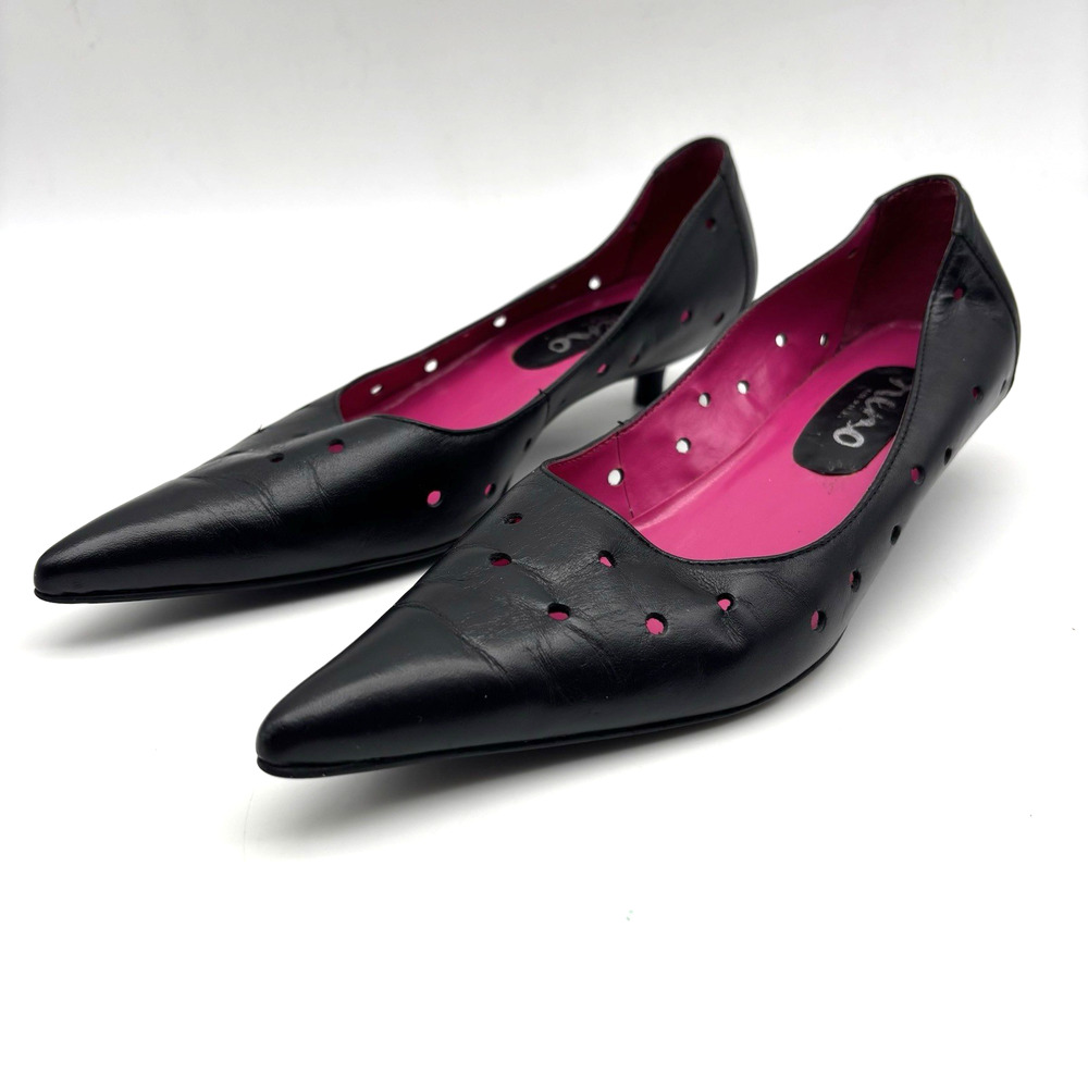 1980s San Reno 'KATI' Black Holey Leather Point Toe Kitten Heel Pump 6.5B Brazil - Picture 2 of 15